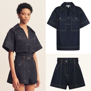 Shona Joy Rita High Waisted Flare Short and Rita Pullover Top Denim Indigo